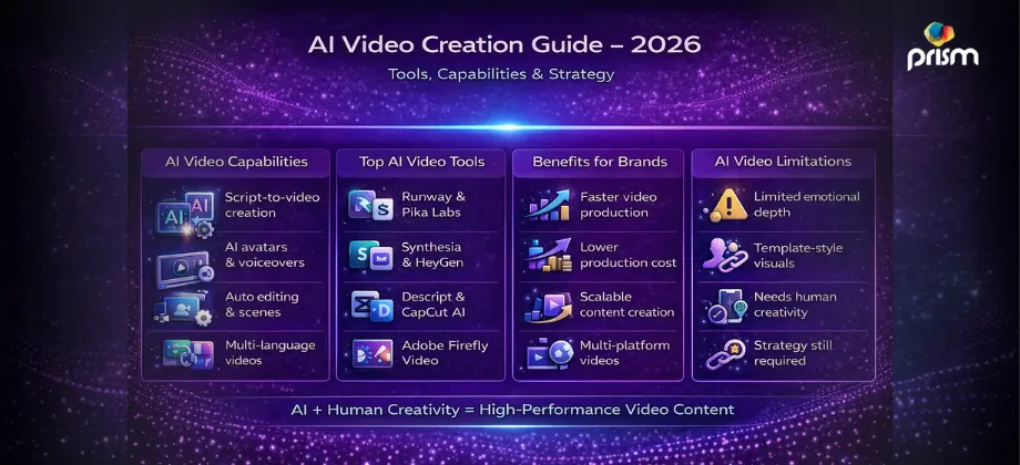 AI video creation infographic showing AI tools, avatars, automation, benefits, and limitations for video marketing in 2026.