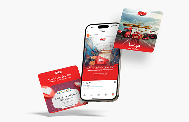 Grand ORG Logistics social media branding mockup showing Instagram profile and Arabic-English content posts on smartphone display